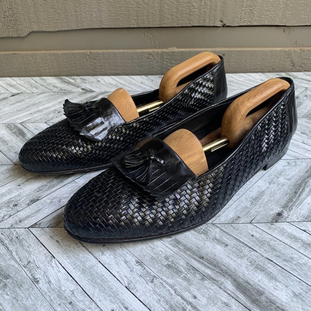 Mens Woven Black Leather Casual Tassel Loafers Made in Italy Size 16